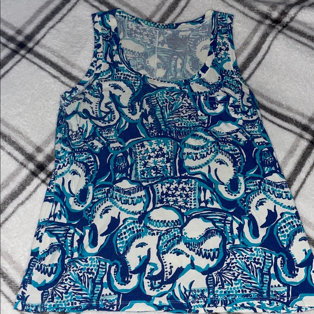 Lilly Pulitzer Blue & White Elephant Print Tank Top